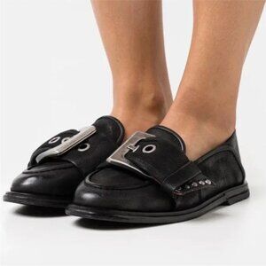 A.S.98 Thaine Loafer Flats EU 36 5.5 6 Black Leather Antique Silver Buckle NEW